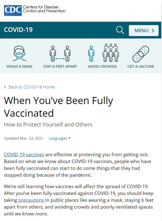 CDC recommendations for vaccinated individuals